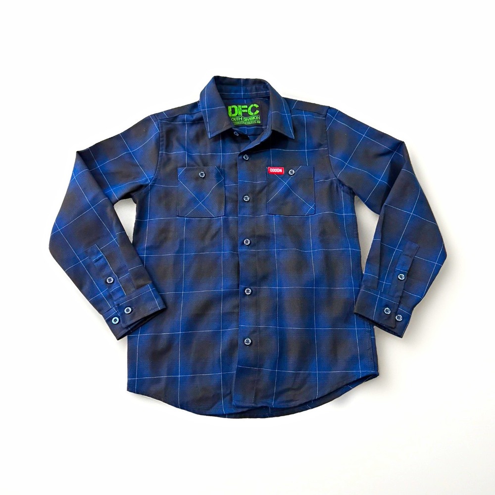 Dixxon Boys Button Up Shirt M Blue/Black Plaid Long Sleeve Button-Front Pockets